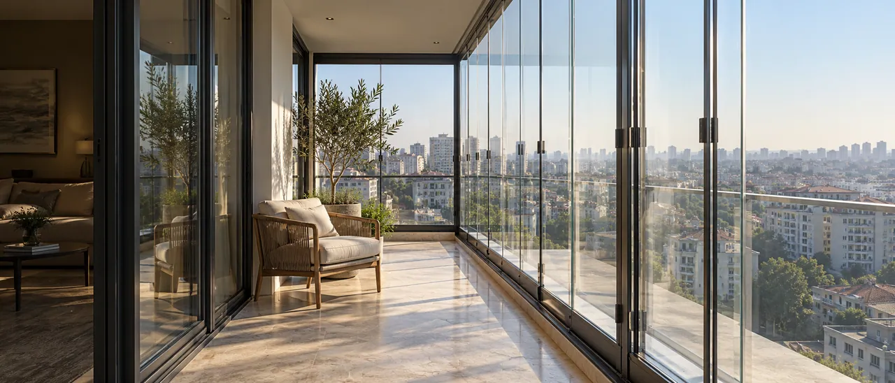 Cam panellerle çevrili modern balkon, doğal ışık ve kent manzarası