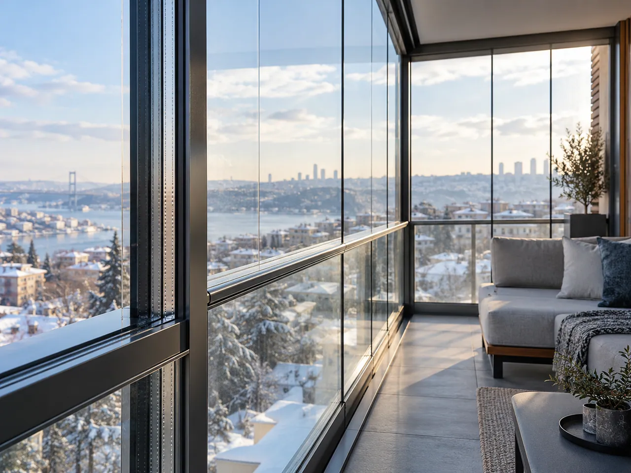 Koyu profilli cam panellerle çevrili, oturma alanı bulunan balkon