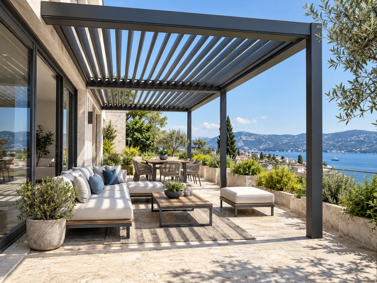 Teras üzerinde ince profilli modern pergola ve gölgelenen oturma alanı