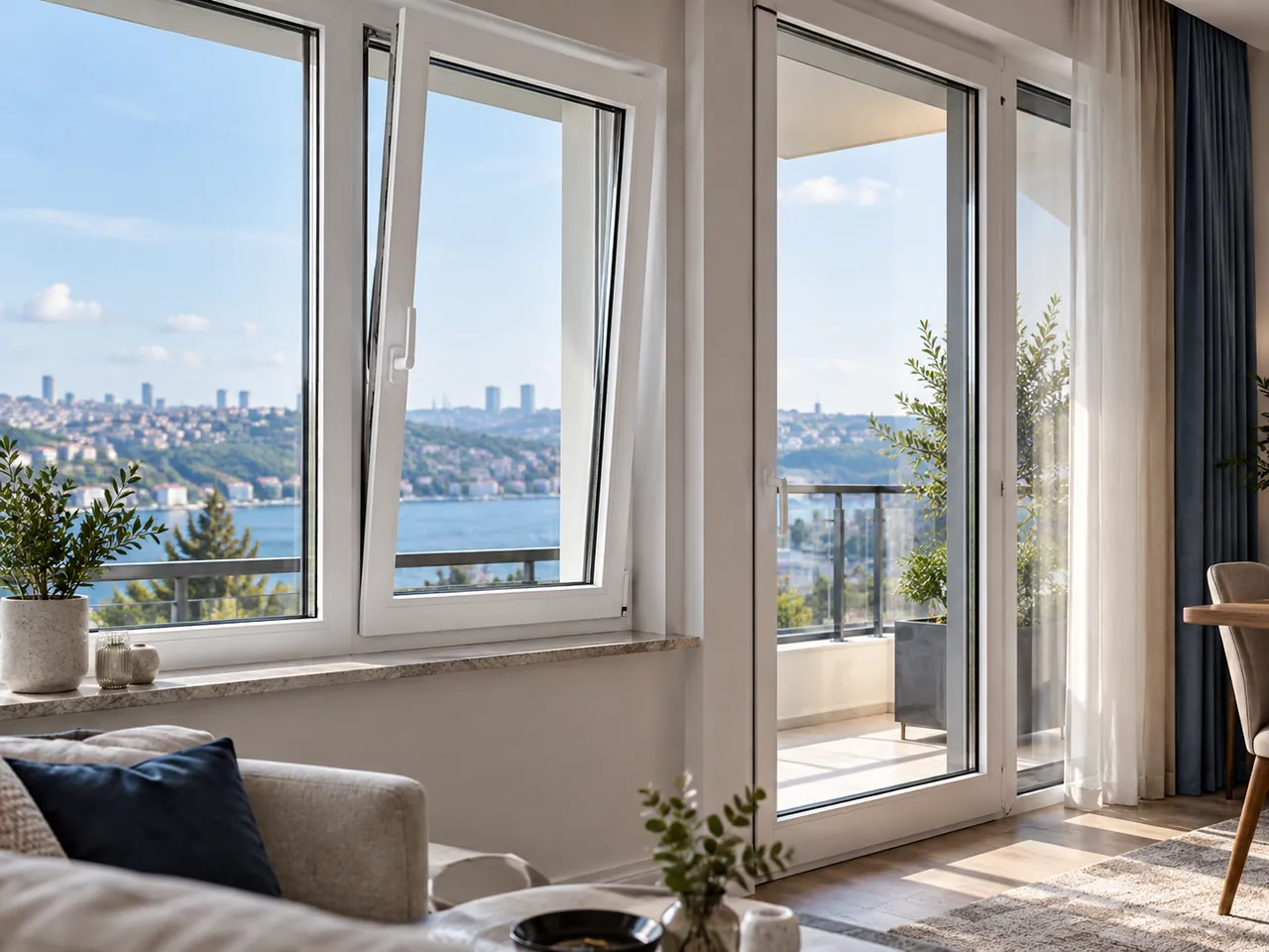 Beyaz PVC pencere ve balkon kapısının profil ve açılma detayları